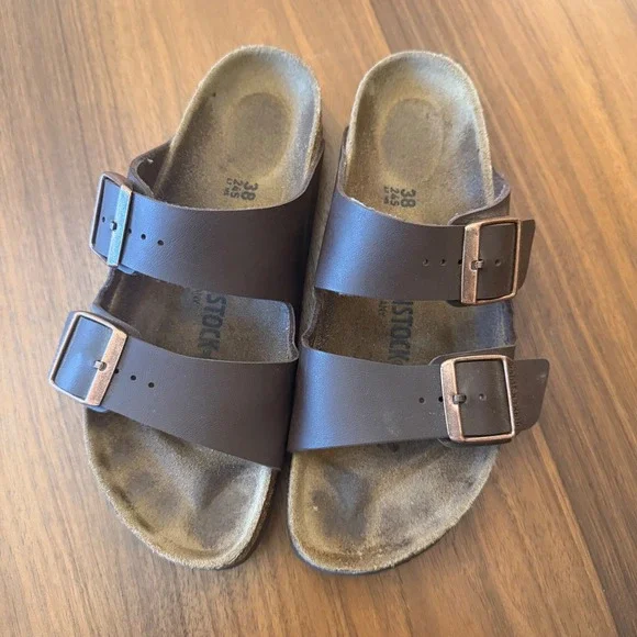Birkenstock Arizona Dark Brown Birko-Flor Two Strap Sandals Womens 38 L7 M5 - Picture 2 of 6